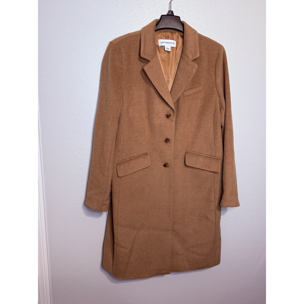 Liz Claiborne Women's Tan Wool Blend Midi Trench Coat Jacket Large